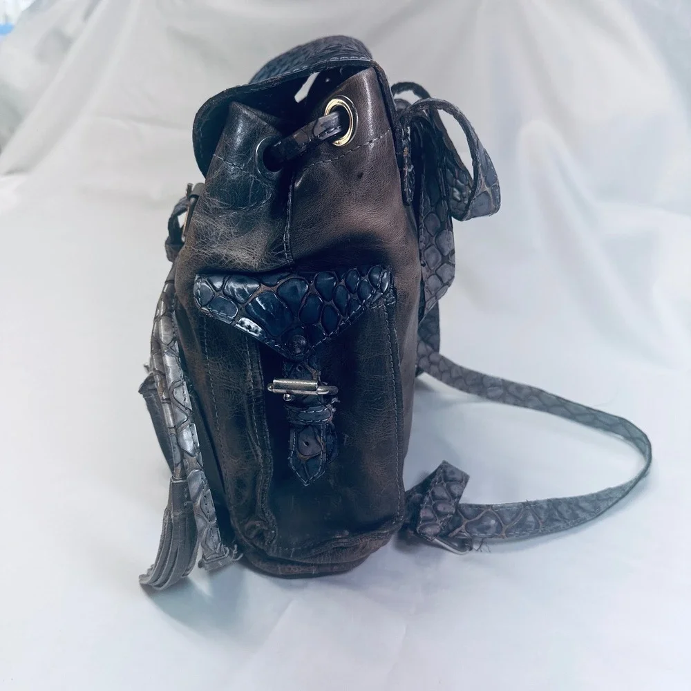 Distressed Leather Mini Backpack Blue Snake Embossed Flap Pockets Buckle Closure